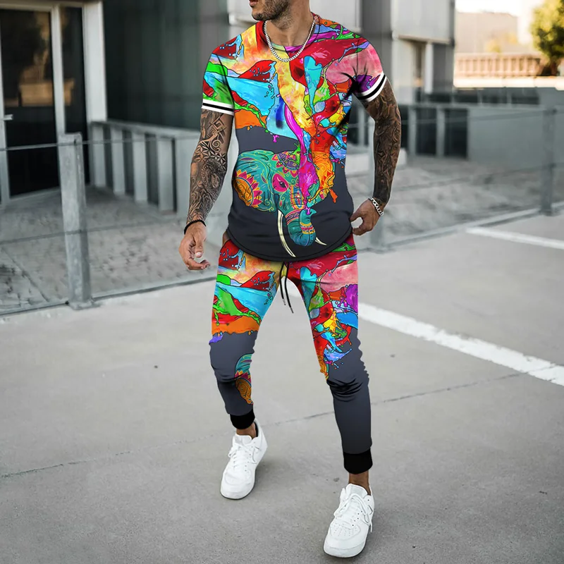 Spring And Summer Mens 2 Piece Set Oversized T Shirts Joogers Outfits Fashion Trousers Tracksuit 3D Printed Trend Male Clothing
