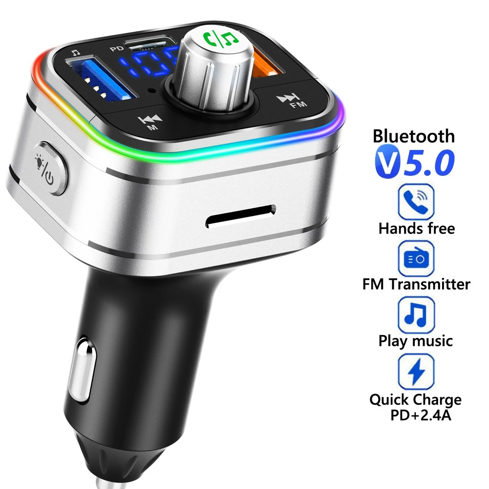 

Автомобильный FM-передатчик, Автомобильный MP3-плеер USB Type C PD, быстрая зарядка, автомобильное зарядное устройство, гарнитура Bluetooth 5,0, автомоби...