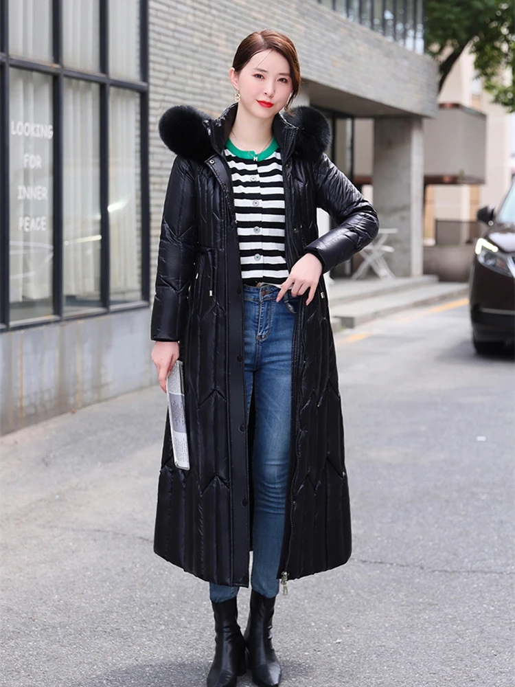 New Women Dress-style Down Coat Winter Fashion Real Fox Fur Collar Lengthened Thicken Down Jacket Detachable Hooded Overcoat