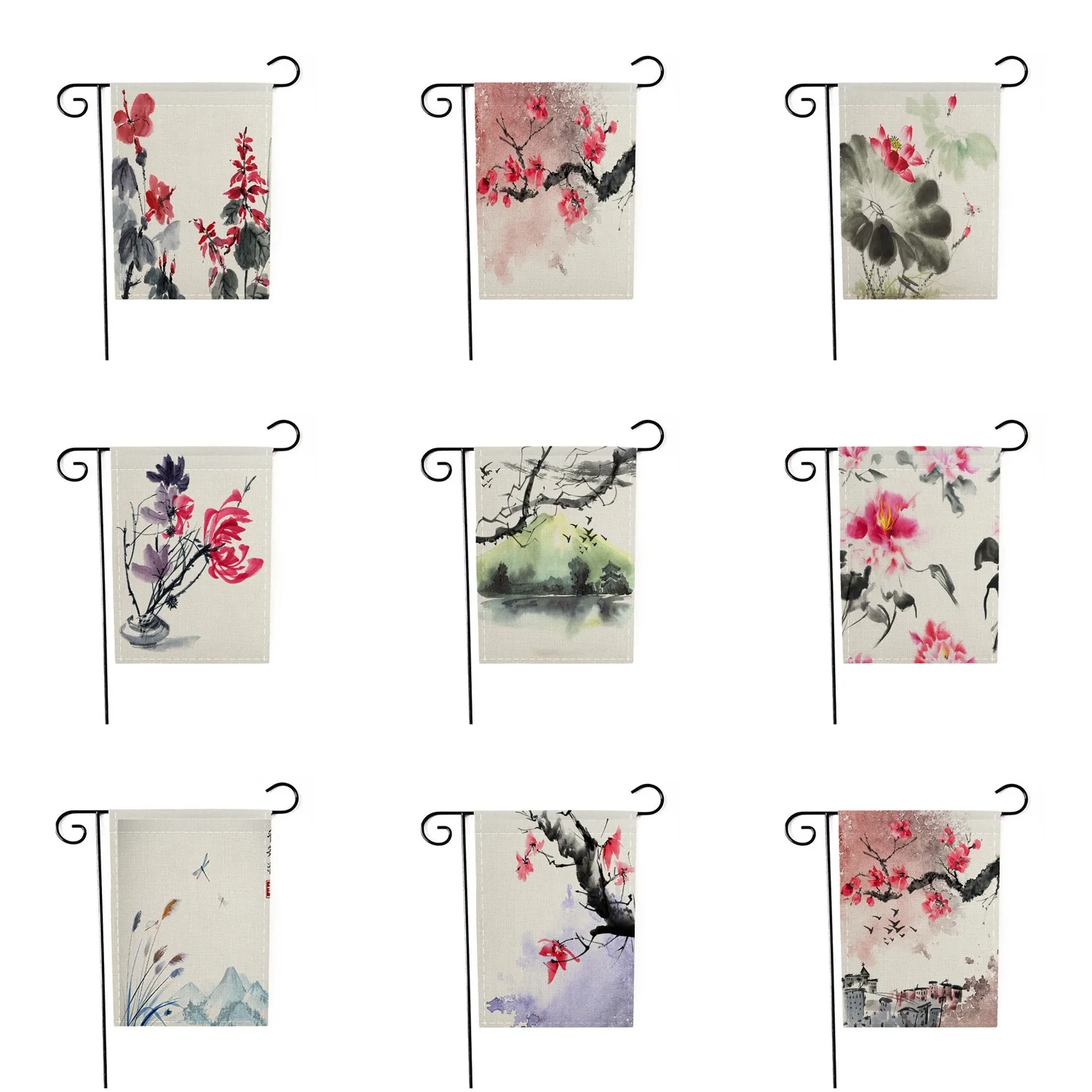 

Chinese Brush Painting Garden Banner Flowers Flag for Home Decor Party Ornaments Garden Door Supplies No flagpole