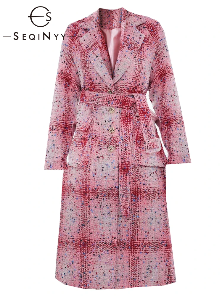 

SEQINYY Pink Long Coat Autumn Winter New Fashion Design Women Runway High Quality Crystal Button Plaid Weave Loose Warm Belt