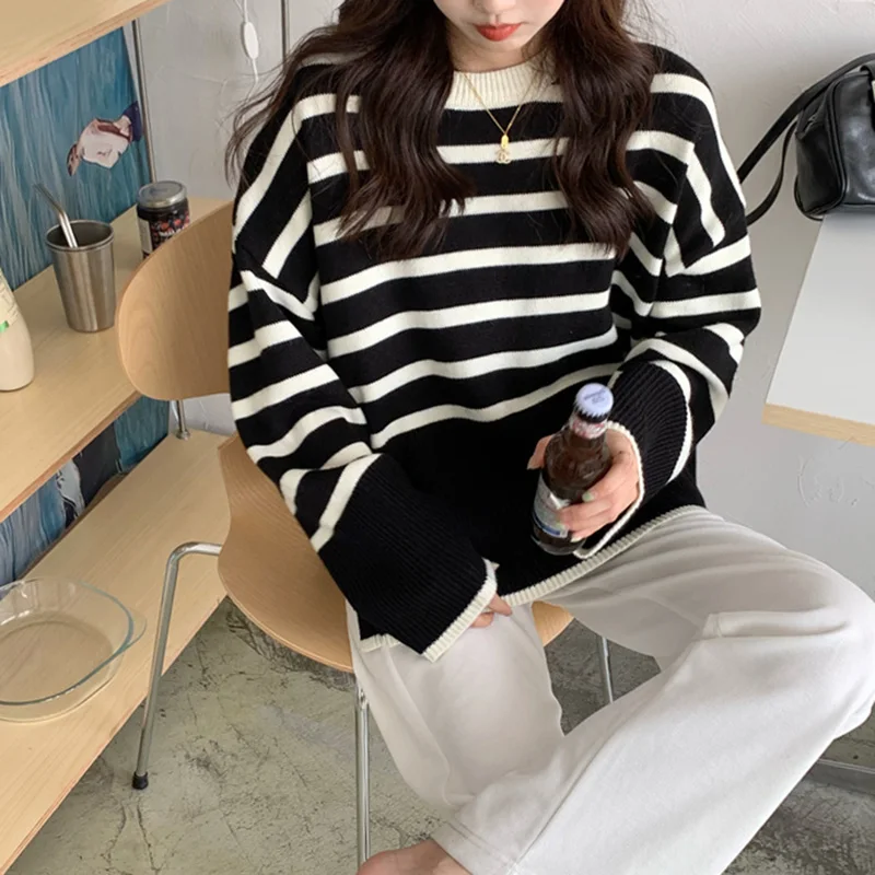 

Женский трикотажный свитер в полоску, свободный Универсальный Повседневный пуловер в Корейском стиле, Y2K, 2023