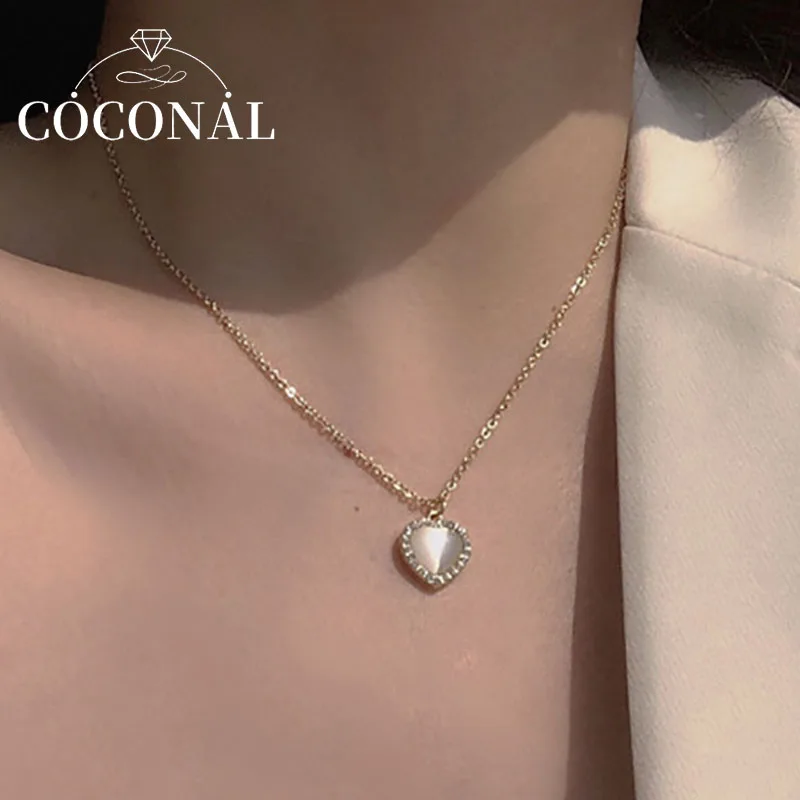 

Coconal Womens Trendy Heart Shaped Pendant Necklace Opal Chain Shiny Women Temperament Jewelry Choker Necklace Wedding Jewelry