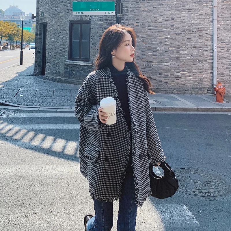 Изящное пальто из твида Женское шерстяное средней длины в Корейском стиле