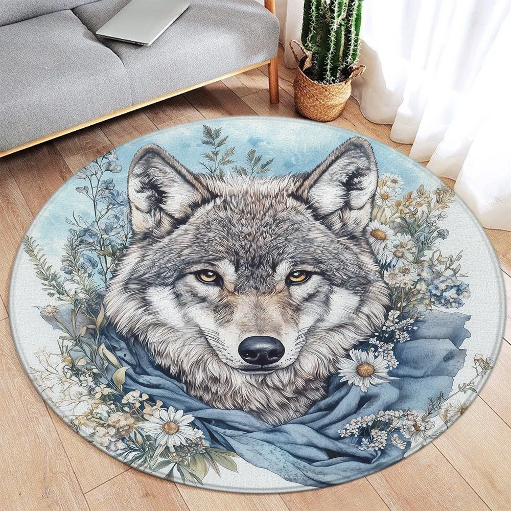 Круглый ковер с белым волком акварельный цветочный фланелевой коврик дикими