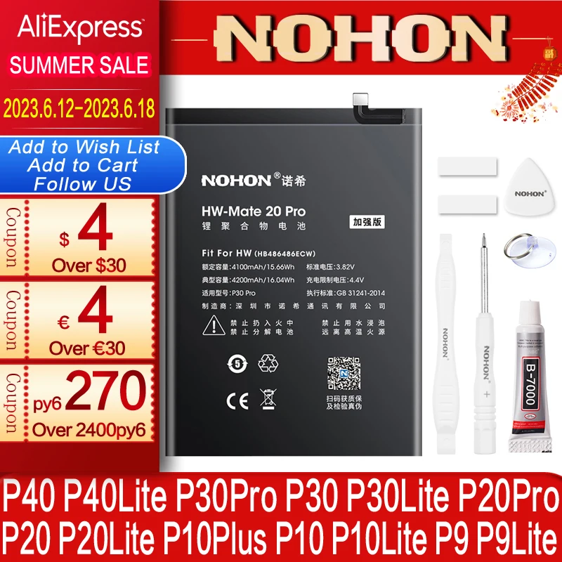 

NOHON Battery For Huawei Ascend P30 Pro P20 Lite P40 P9 P10 Plus Mate 20 10 Honor 30 20 10 9 30S 7X 9i 10i 20i V10 V20 Bateria