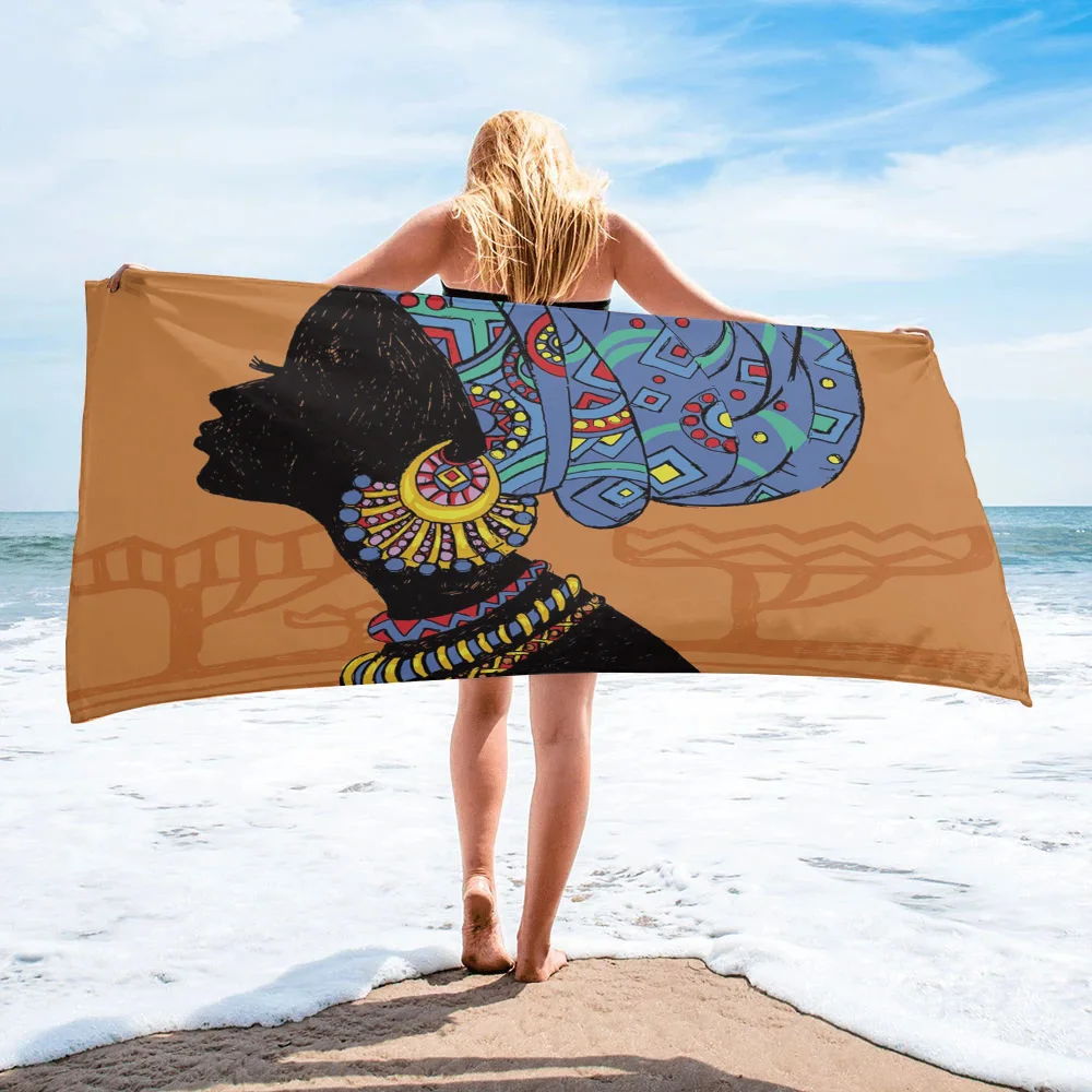

African Woman Geometric Figures Large Bath Towel Camping Bathroom Accessories Microfiber Beach Towel Home Bath Towels for Adults