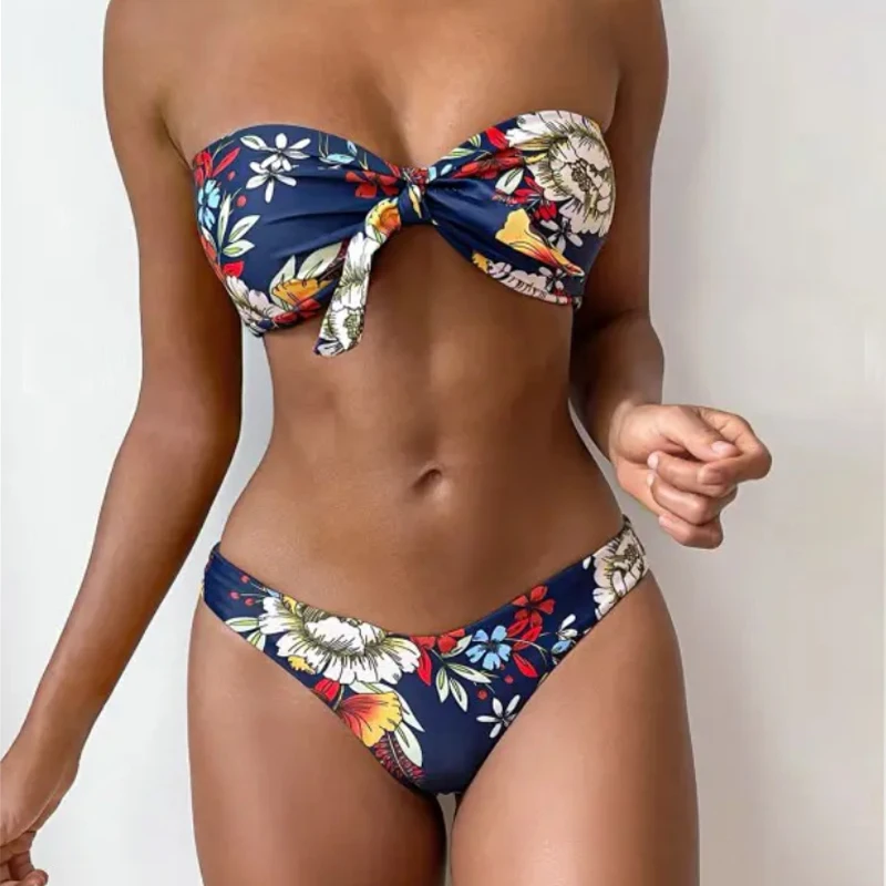 

ZAFUL Knot Floral Bandeau Bikini Set Women Mid Waist Swimsuit Sexy Bandeau Swimwear Strapless 4-Color Bathing Suit Biquni