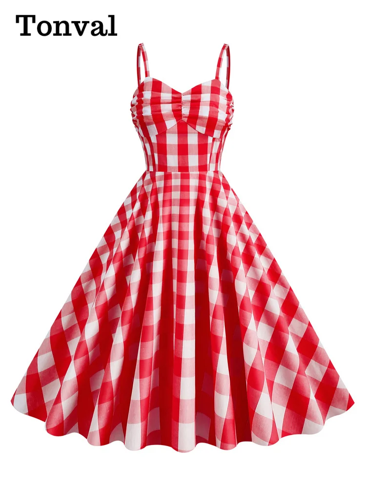 

Tonval Vintage Gingham Long Dress Spaghetti Strap Ruched Front High Waist Women Summer Birthday Party Retro Swing Dresses