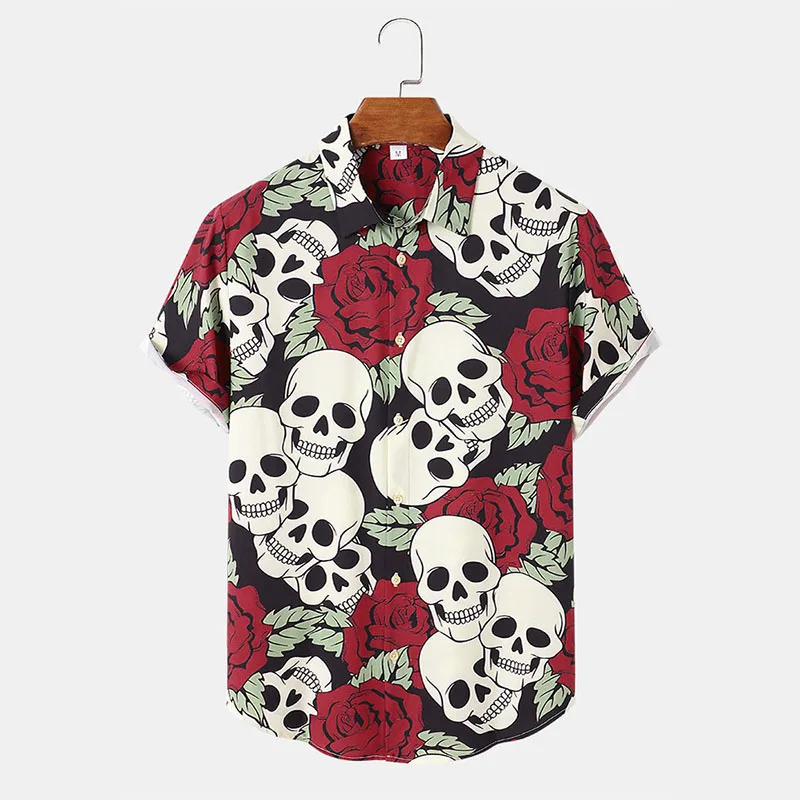 

CharmkpR Tops 2023 New Men's Rose Skull Printing Pattern Blouse Casual Party Shows Male Funny Hot Sale Short Sleeve Shirts S-2XL