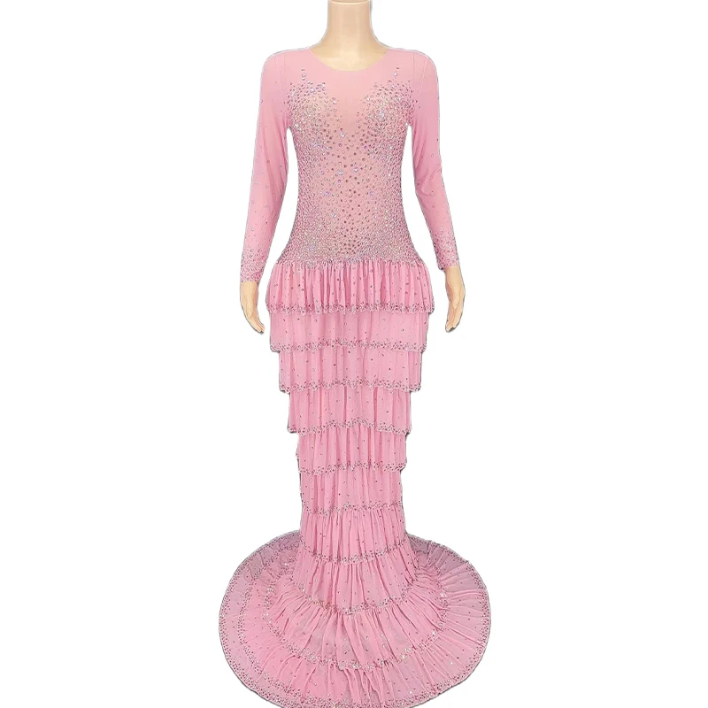 

Женское сексуальное розовое блестящее платье стразы с многоярусной юбкой для ночного клуба вечеринки выпускного вечера дня рождения свадьбы празднования платья Djds певицы Клубное платье
