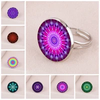 hip hop style fashion 18mm glass cabochon ring face kaleidoscope mandala pattern opening ring men and women gift jewelry