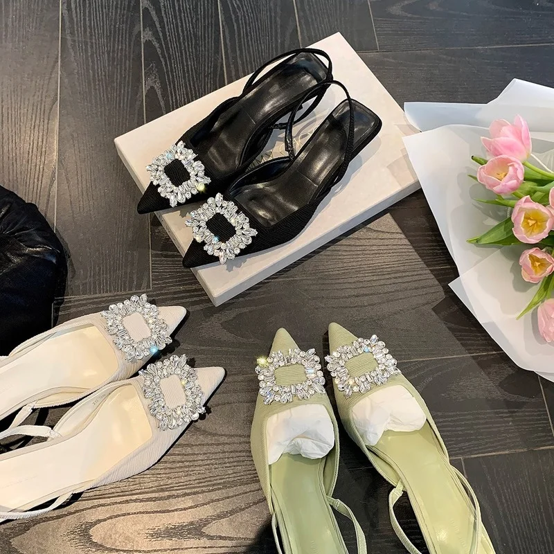Summer New Women's High Heeled Sandals Rhinestone Square Buckle High-heeled Sandals Women Commuter Pumps Sexy Women's Sandals
