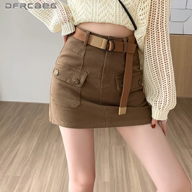 

American Safari Style Women's Mini Denim Skirt With Belt 2023 Autumn High Waist Retro BF Slim Short Jeans Saias Army Green