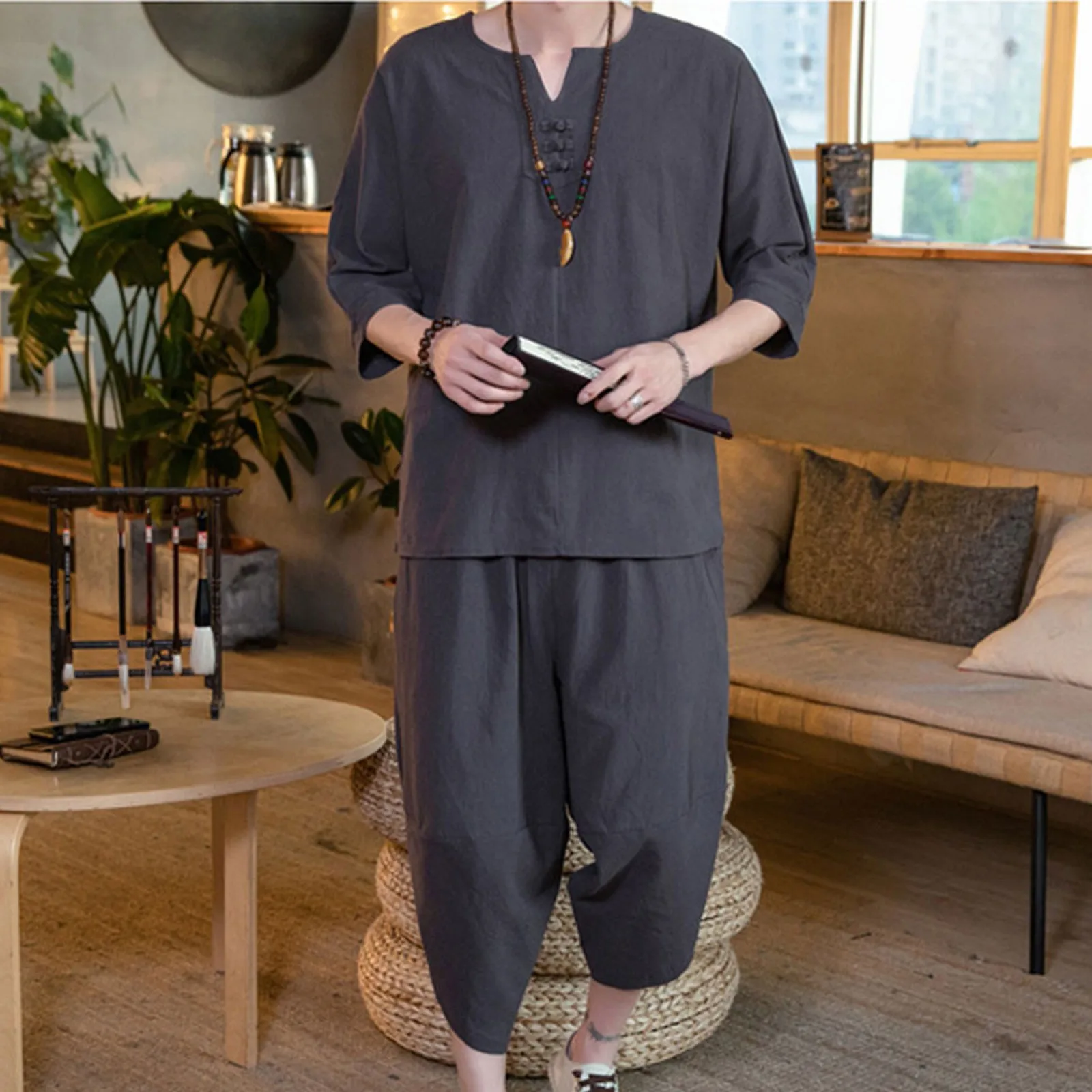 

Cotton-hemp Summer 2022 two Piece Set Men Short Sleeve T Shirt Cropped Top Shorts Men's casual suit men's short-sleeved trouser