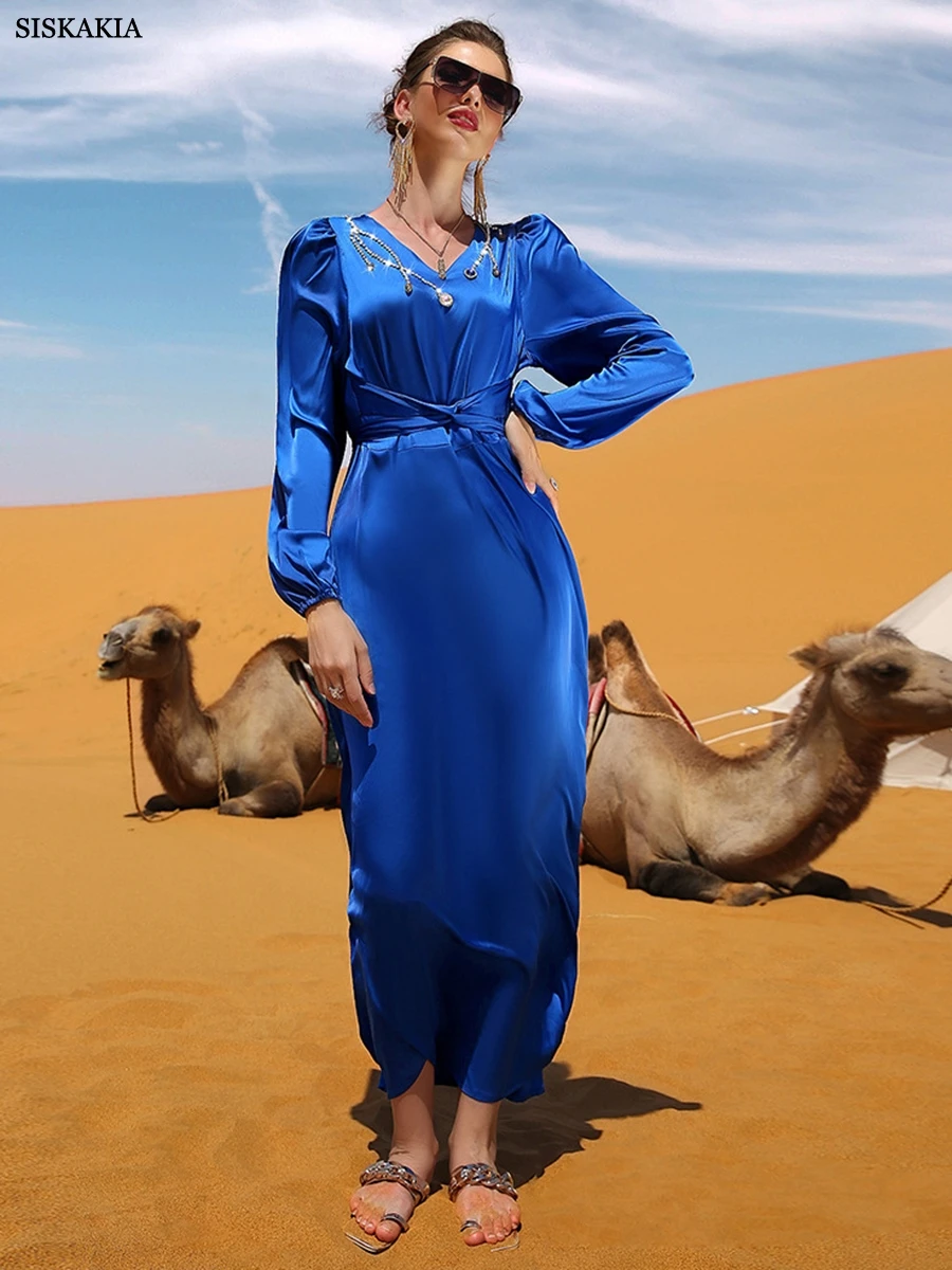 

Abaya Dubai Woman 2022 V-Neck Rhinestone Belted Kaftan Long Sleeve Party Dresses Solid CoLor Robe Turkey Islamic Clothing