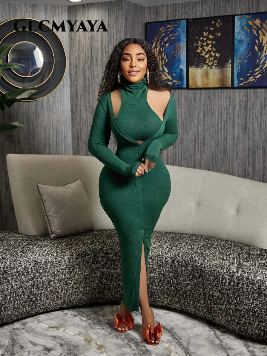 

GLCMYAYA INS Women Knit Ribbed Long Sleeve Deep V-neck Bodycon High Slit Midi Maxi Long Dress + Turtleneck Top Two 2 Piece Set
