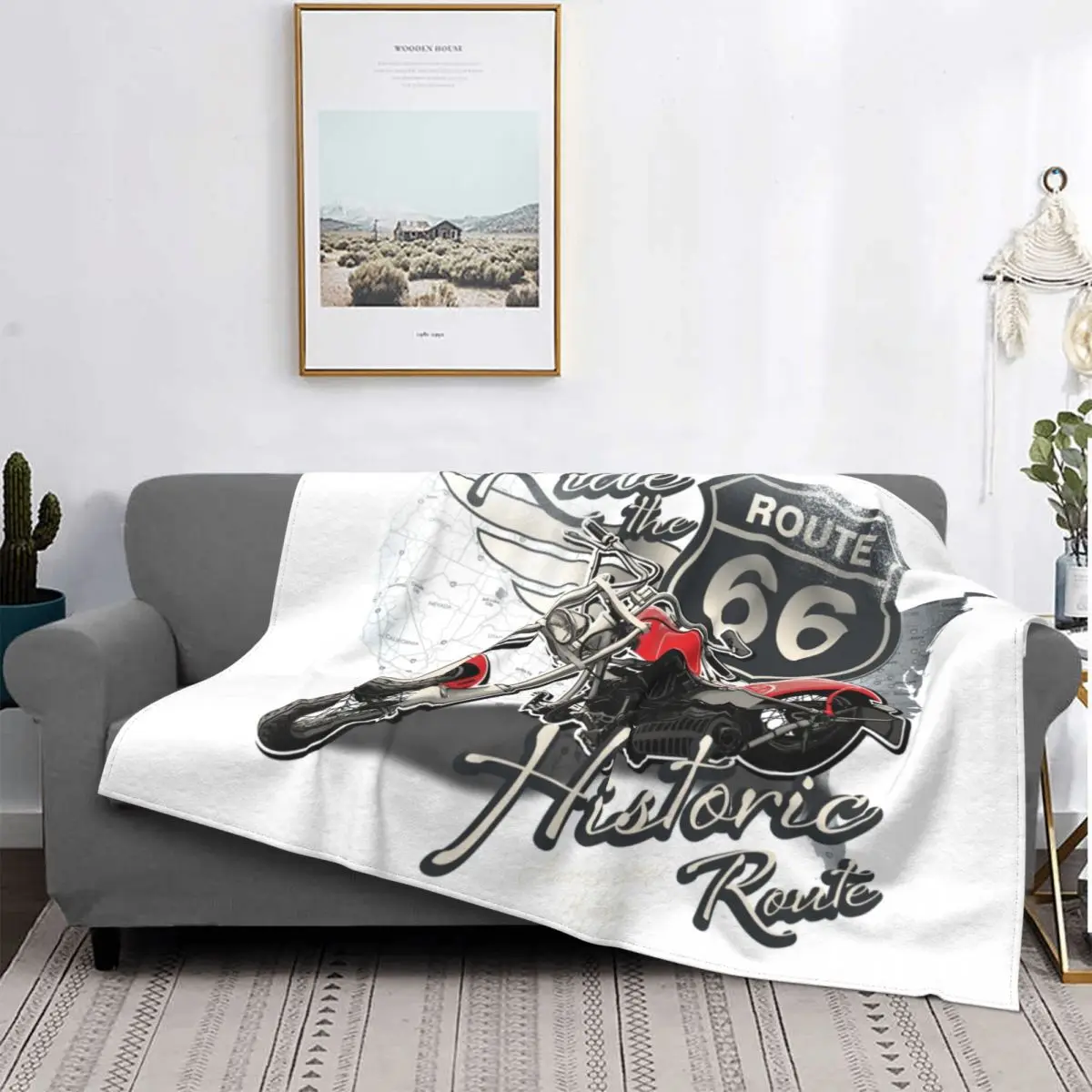 

US 66 Biker Blanket Soft Flannel Fleece Warm Route 66 America Highway Motorcycle Throw Blanket for Home Bedroom Couch Bedspreads