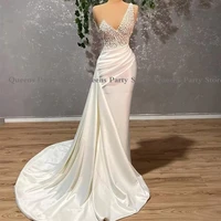 luxury satin mermaid evening dress one shoulder sleeveless pearls beading prom gowns pleat long train pageant party dresses