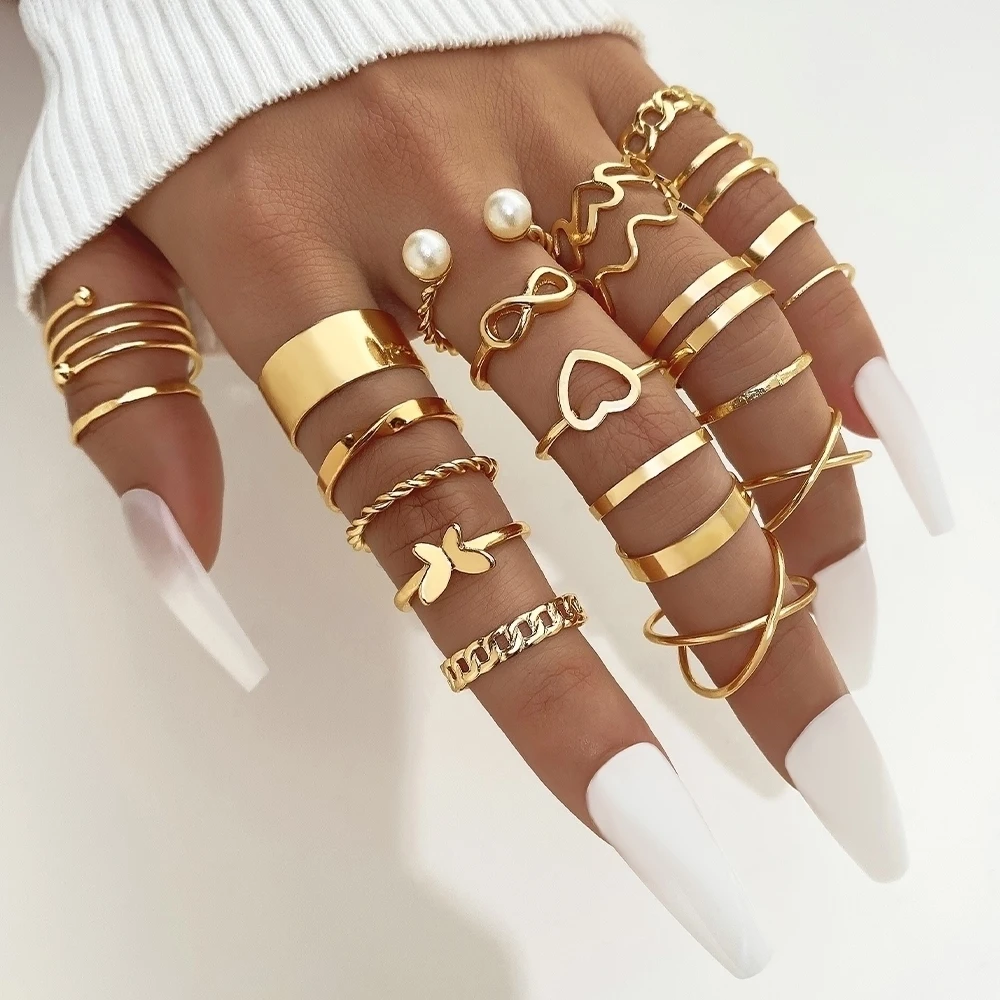 

Modyle Boho Gold Color Heart Rings Set For Women Vintage Geometric Cross Pearl Butterfly Finger Rings Female Trendy Jewelry Gift