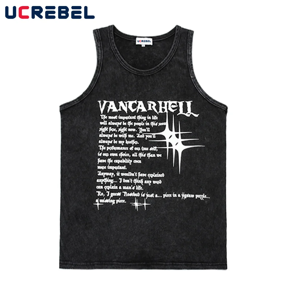 

Мужская летняя футболка в стиле High Street без рукавов принт буквы, Повседневная футболка, простой стиль, Мужской Хлопковый топ с круглым вырезо...