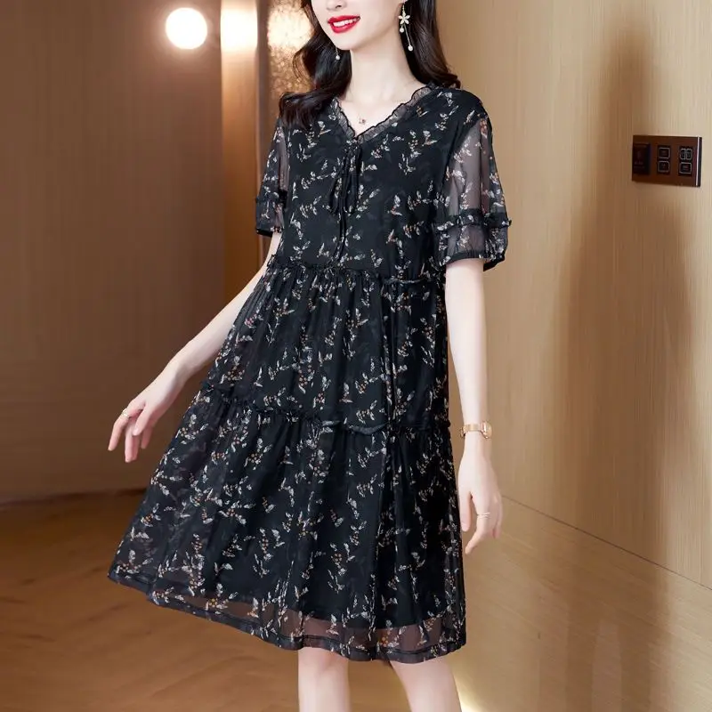 

Elegant Broken Flowers Printed Dresses Summer Stylish Edible Tree Fungus Spliced Female V-Neck Drawstring Bow A-Line Midi Dress