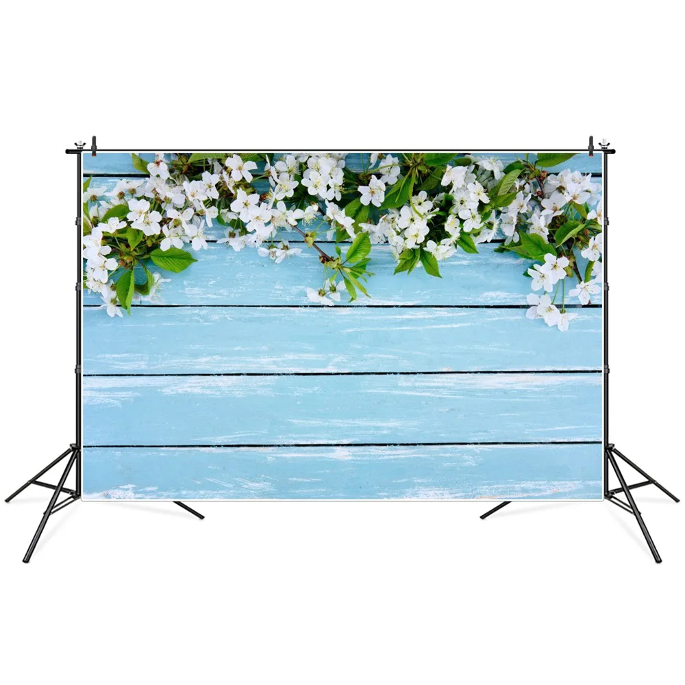 

Spring Flowers Branches Blue Wooden Plank Photography Backdrops Custom Wood Boards Ins Studio Decoration Photo Backgrounds Props