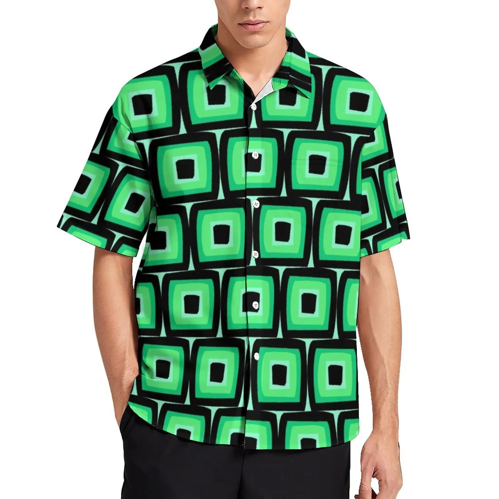

Retro Mod Print Vacation Shirt Green Squares Summer Casual Shirts Men Vintage Blouses Short Sleeve Graphic Clothing Plus Size