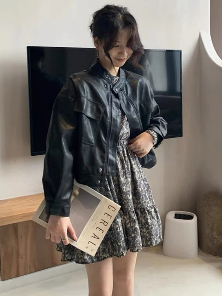 Autumn Korean Cropped Leather Jacket Women Black Thin Loose Casual Motorcycle Jacket Female 2022 Winter Streetwear Lady Chic Top