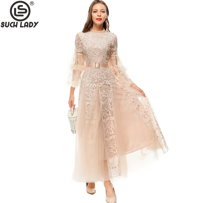 Women's Runway Dresses O Neck 3/4 Sleeves Embroidery Mesh Fashion Designer Party Prom Evening Gown