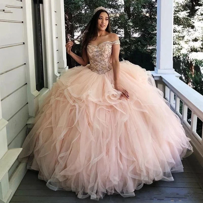 

Женское бальное платье с открытыми плечами GUXQD, розовое кружевное платье с блестящими кристаллами, праздничное платье принцессы на день рождения, 16 лет, 15 лет