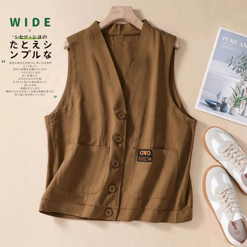 Женский однобортный жилет без рукавов свободная однотонная хлопковая майка в