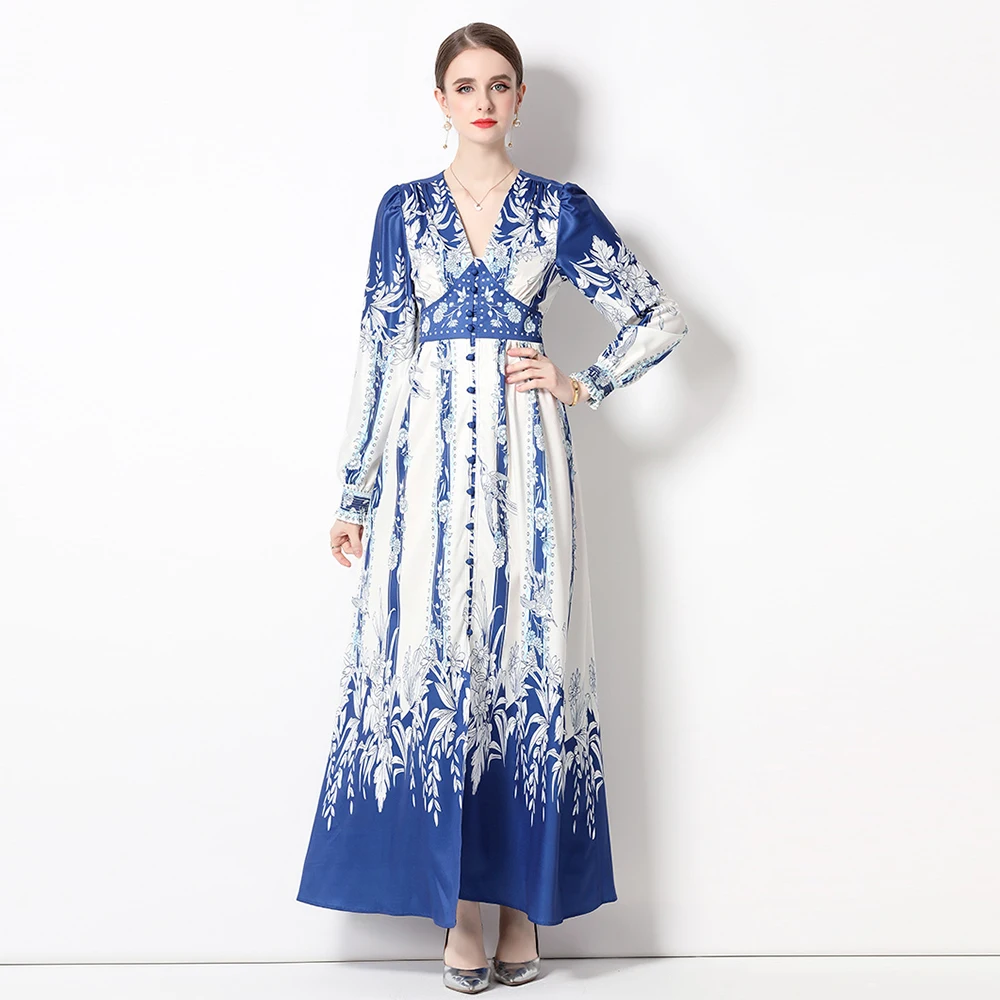 

High Quality Autumn Women Fashion Runway Maxi Dress Lantern Long Sleeve Slim Buttons Up High Waist Long Robe Vestidos N8715