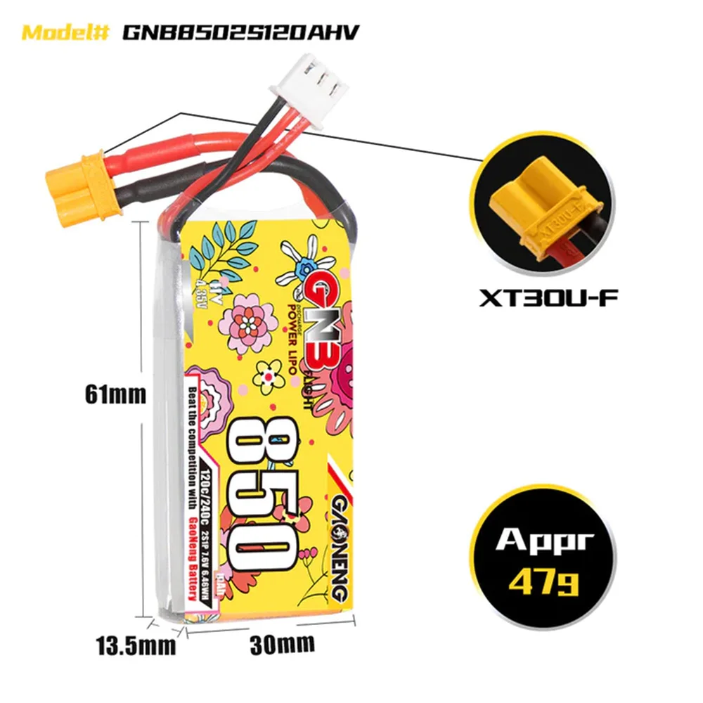 

Gaoneng 850mAh 7.6V 2S HV 120C Lipo Battery - XT30