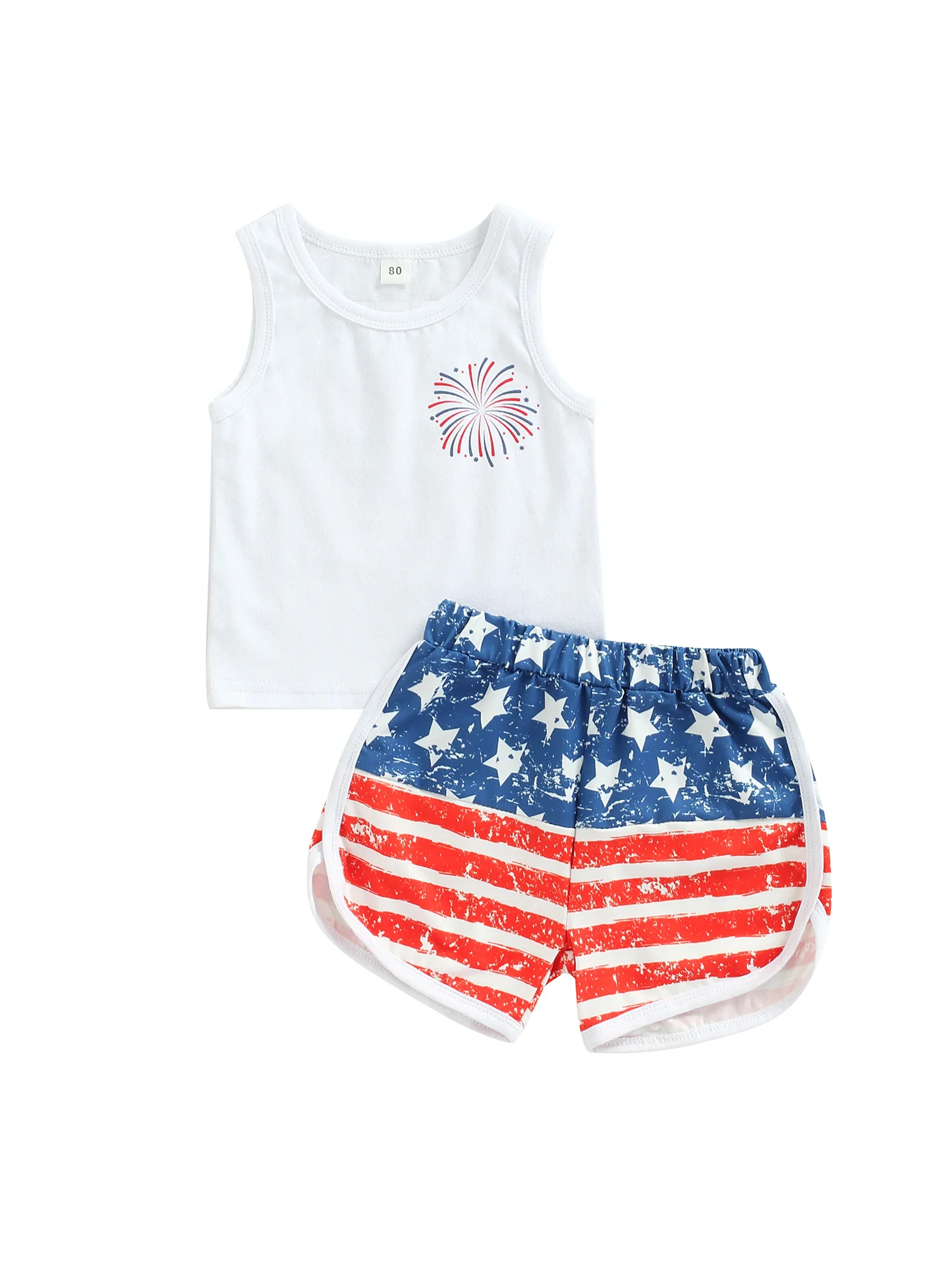 

Детский летний комплект из топа и шортов, без рукавов, с круглым вырезом и принтом в виде американского флага