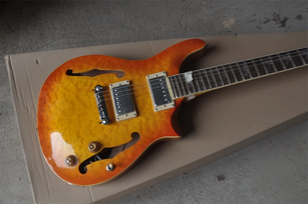 

china factory custom semi-hollow body P R S electric guitar Sunburst Color fixed bridge guitar in stock 202237