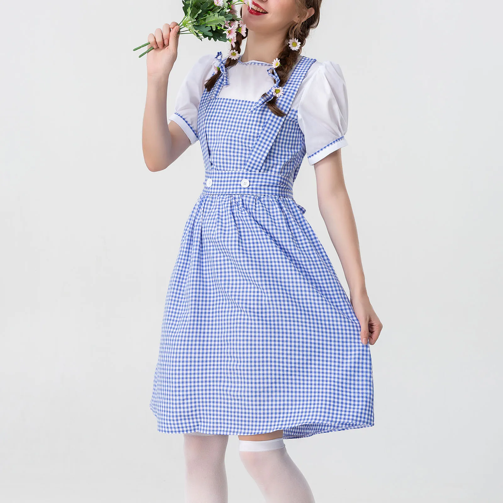 

2022 Cute Dresses Women Plaid Maid Costumes Sweet Girls Casual Short Sleeves Cosplay Medieval Dress Summer Kawaii Midi Dresses