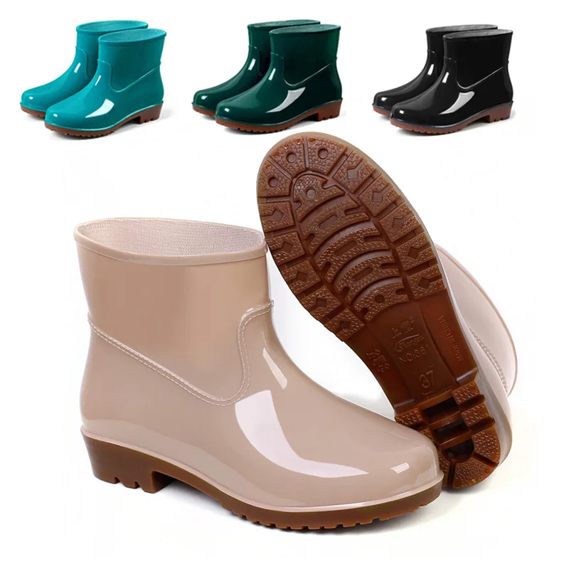 

MDUG Short Rain Boots Women's Low-Cut PVC Beef Tendon Platform Solid Color Work Shoes Waterproof Rain Boots Thick Bottom
