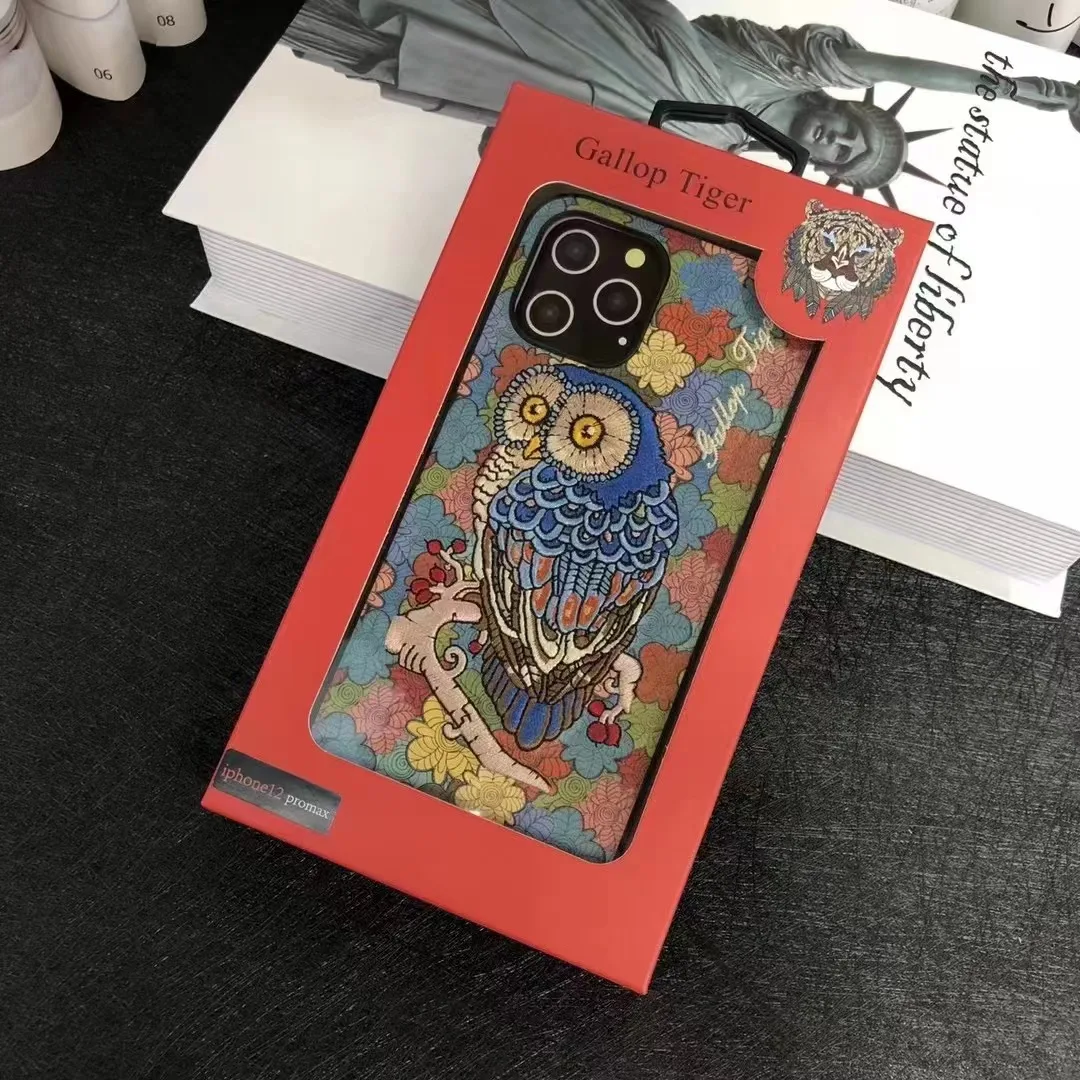 

1Pcs/3D Embroidery Owl Aesthetic Leather Case For iPhone 13 Pro Max Brand Texture Leather Cover Shell Hull With Package