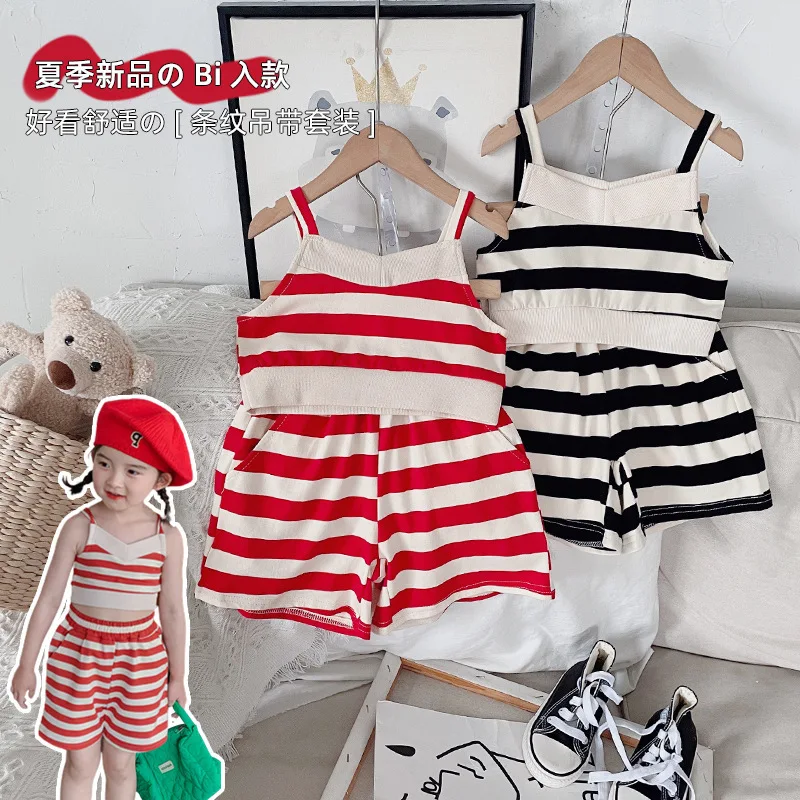 Freely Move 2022 Summer Baby Sleeveless Clothes Set Infant Girls Cute Stripped Print Tank Top T Shirt + Shorts Suit Kids Outfits
