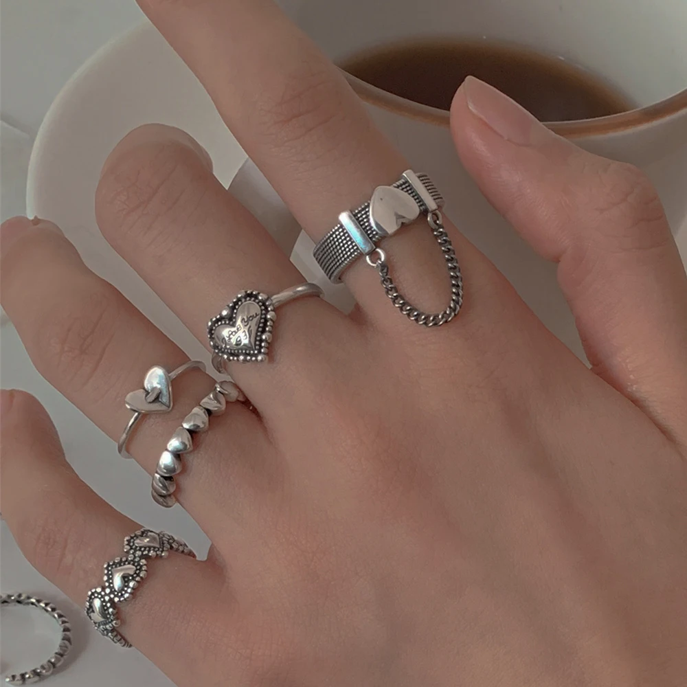 

Korea Punk Love Heart Ring Set 5pcs Personality Temperament Zircon Silver Color Geometric Rings for Women Fashion Goth Jewelry