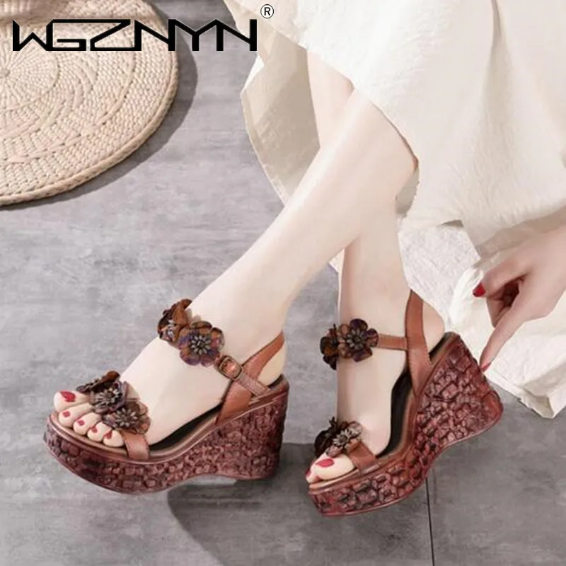 

Босоножки женские из натуральной кожи на танкетке, сандалии на высоком каблуке, ремешок с пряжкой, Ретро стиль, ручная работа, лето 2022