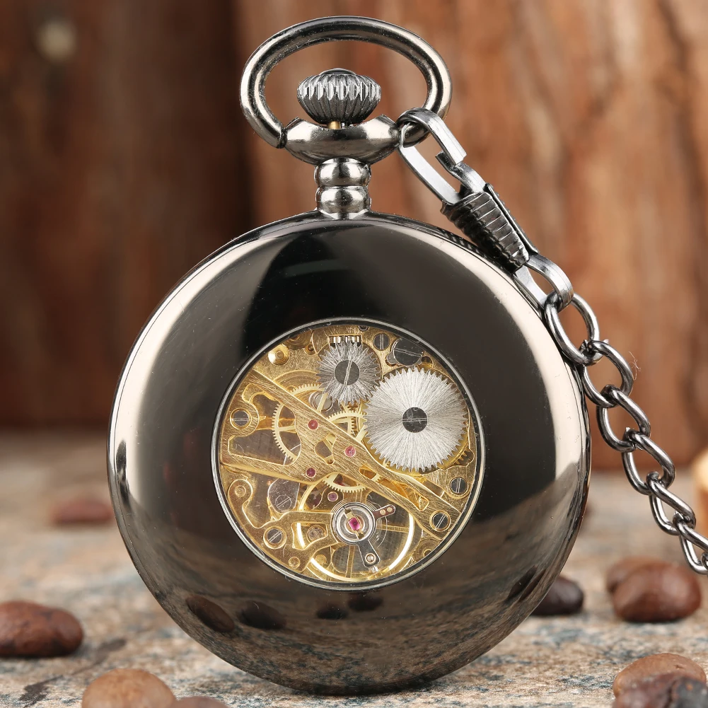 Smooth Black Hollow Circle Mechanical Pocket Watch White Pointer Vintage Hand Winding Pendant Pocket Timepiece Retro Gift Male