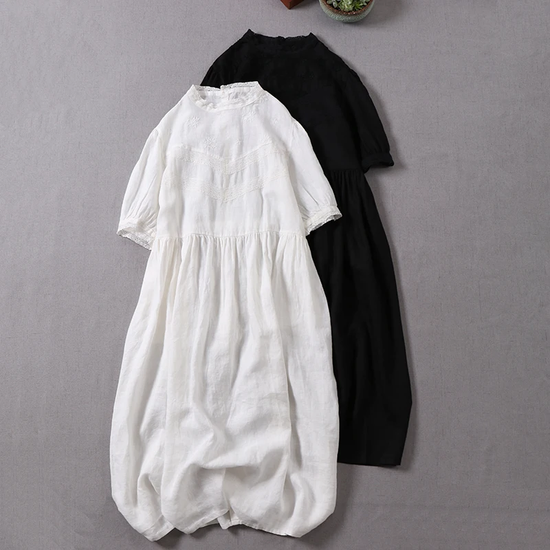 Платье-миди женское льняное с рукавом 2022 и вышивкой | Женская одежда