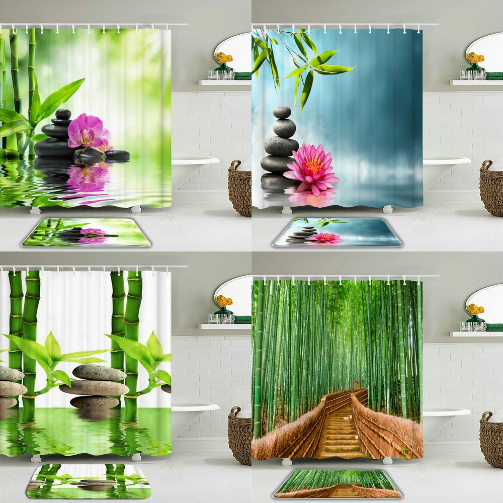 

Jardin-Juego de cortina de ducha Zen con ganchos, tela 3d,cortinas de ducha de baño, cortina verde,cortinas de baño impermeables