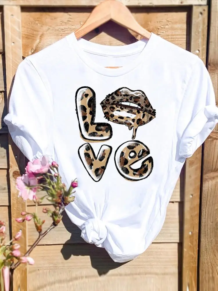 

Fashion Leopard Love Trend Cute Clothing Short Sleeve T Top T-shirts Women Tee Print Summer Lip Shirt Female Graphic T-Shirt