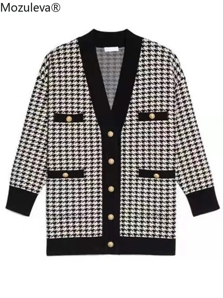 Осень-зима 2021 свитер с узором гусиная лапка свободный средней длины кардиган