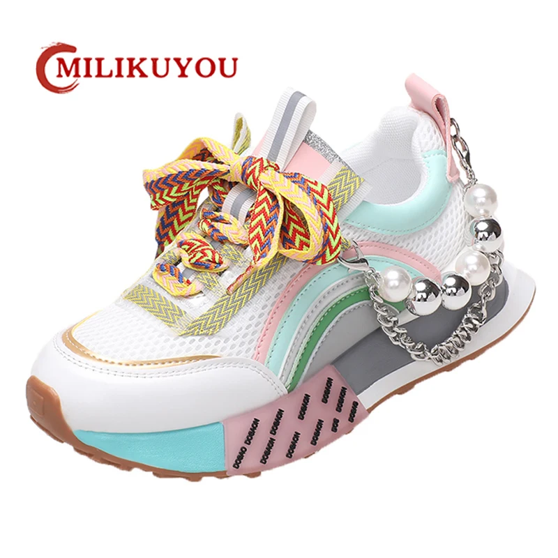 

Breathable Women Shoes Summer Lady Causal Shoes Comfortable Causal Sneakers Non-slip Thick Soled Shoes Beading Vulcanize Shoes