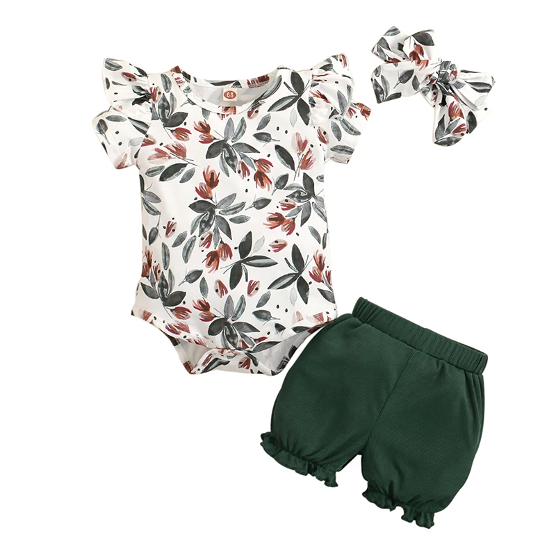

3 Pcs Newborn Baby Girl Short Pants Outfits Short Sleeve Leaf Printed Romper + Solid Color Shorts + Cute Headband Clothes Set