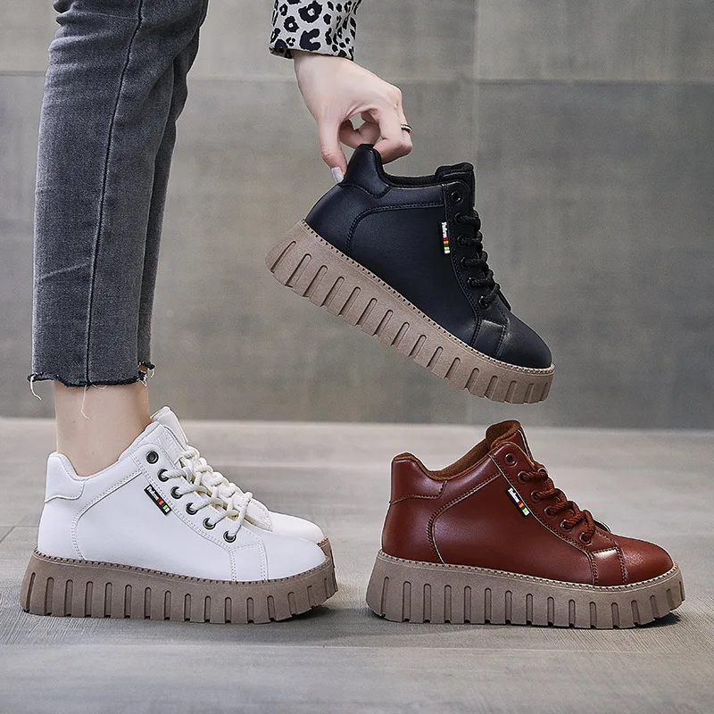 Women Platform Boots Shoes Winter Plush Round Toe Ladies Retro Ankle Boot Female Autumn Woman Thick Bottom Lace-up Booties Shoes